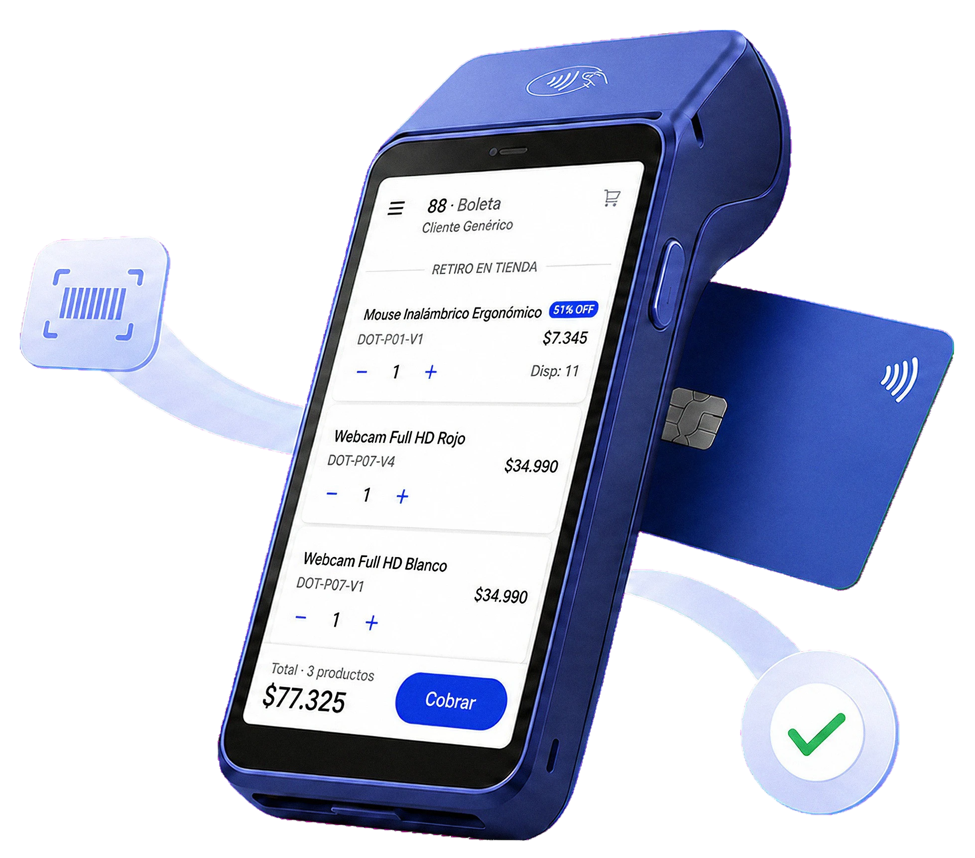 Terminal Mobile One mostrando un carrito de venta con productos, descuento aplicado y botón de cobro