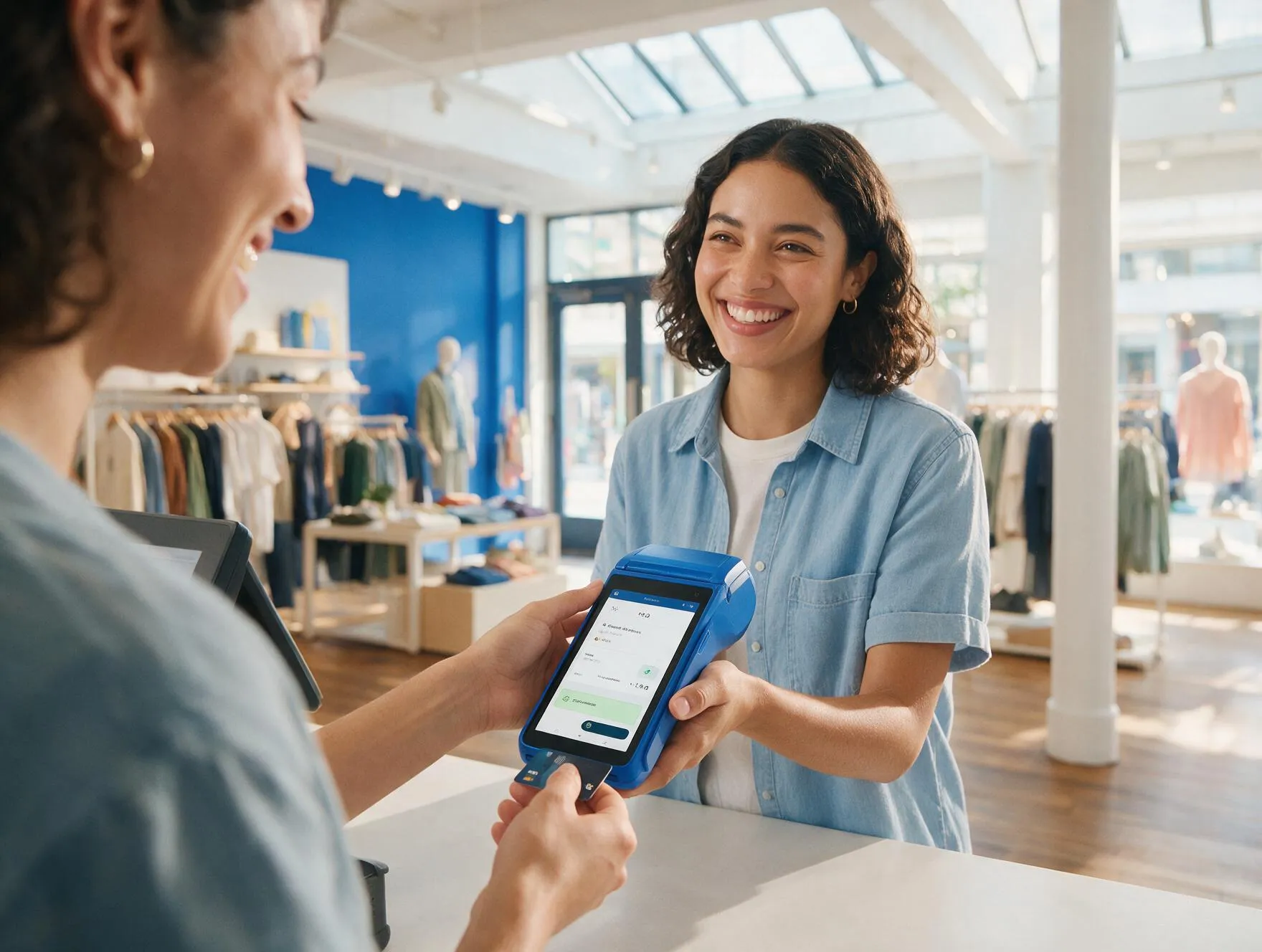 Vendedora cobrando con terminal Mobile One con un descuento aplicado automáticamente